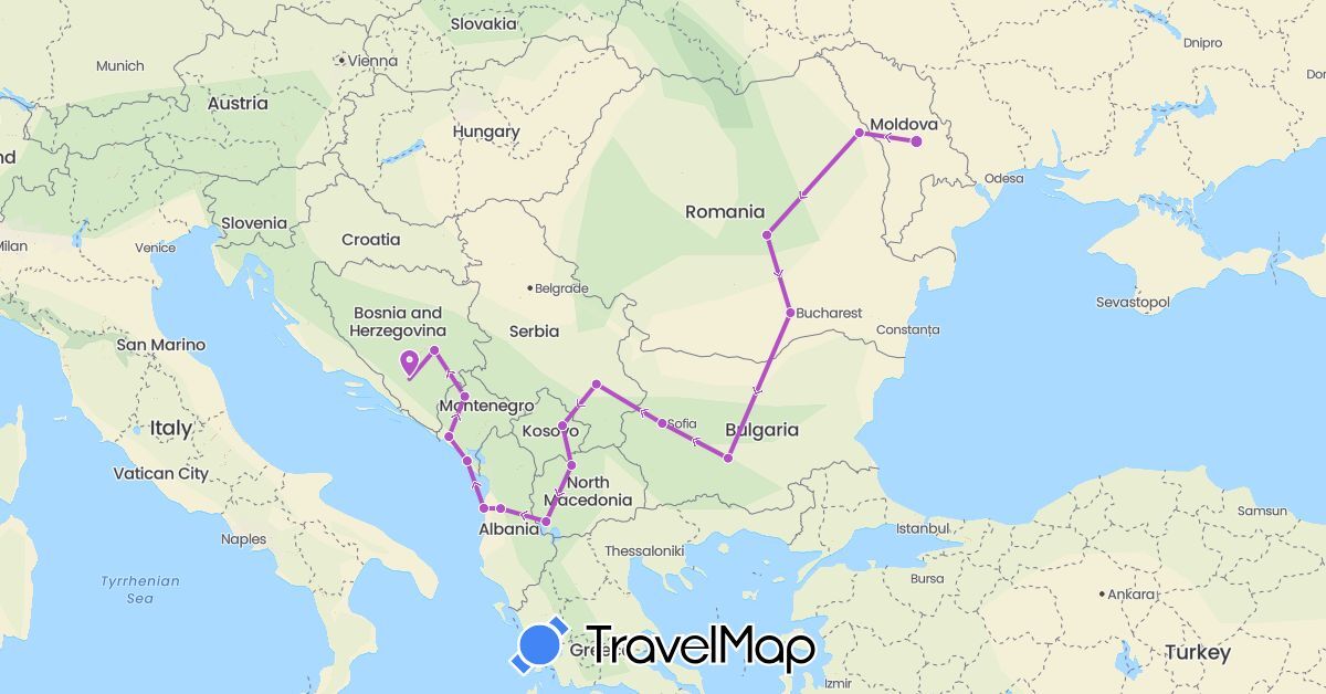 TravelMap itinerary: train in Albania, Bosnia and Herzegovina, Bulgaria, Moldova, Montenegro, Macedonia, Romania, Serbia, Kosovo (Europe)